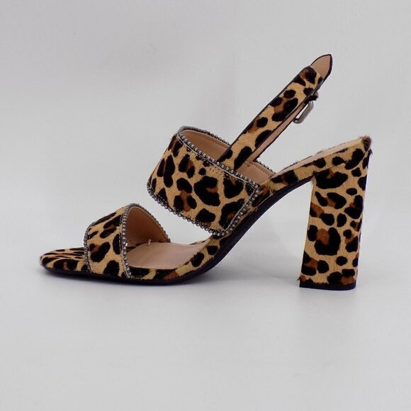 Coach Rylie Heeled Sandals Size 6.5 Cheetah Animal Print Calf Fur Buckle Strap - Picture 1 of 10